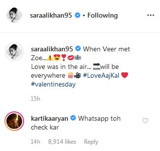 Kartik Aaryan's comment on Sara Ali Khan's picture