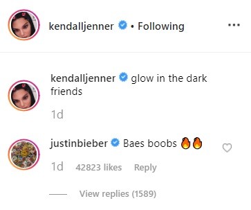 Justin Bieber's comment on Kendall's post Justin Bieber's comment on Kendall's post