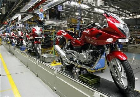 Newly built motorbikes are seen at the Bajaj Auto Ltd. plant in Pune, about 130 km (82 miles) from Mumbai