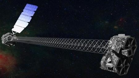 An artist's concept of the Nuclear Spectroscopic Telescope Array (NuSTAR) observatory on orbit illustrates NuSTAR's 10-m (30') mast that deploys after launch to separate the optics modules. Image: Reuters An artist's concept of the Nuclear Spectroscopic Telescope Array (NuSTAR) observatory on orbit illustrates NuSTAR's 10-m (30') mast that deploys after launch to separate the optics modules.