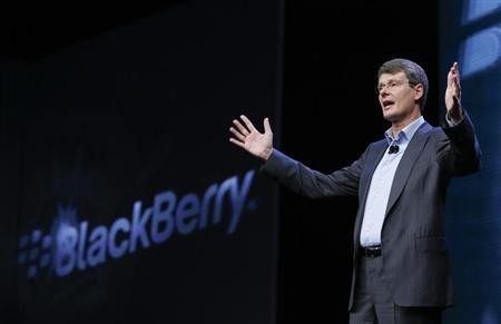 BlackBerry President and Chief Executive Officer Thorsten Heins gestures during the launch of the BlackBerry 10 devices in New York Jan. 30, 2013. BlackBerry President and Chief Executive Officer Thorsten Heins
