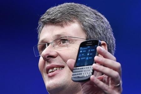 Research in Motion (RIM) President and Chief Executive Officer Thorsten Heins introduces a new RIM Blackberry 10 device during their launch in New York January 30, 2013 Research in Motion (RIM) President and Chief Executive Officer Thorsten Heins introduces a new RIM Blackberry 10 device during their launch in New York January 30, 2013