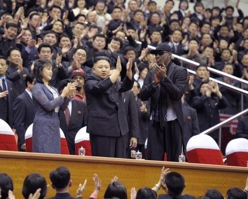 North Korean leader Kim Jong-Un (C), his wife Ri Sol-Ju (L) and Dennis Rodman clap during an exhibition basketball game in Pyongyang in this undated picture released on March 1, 2013. REUTERS North Korean leader Kim Jong-Un (C), his wife Ri Sol-Ju (L) and Dennis Rodman clap during an exhibition basketball game in Pyongyang in this undated picture released on March 1, 2013. REUTERS