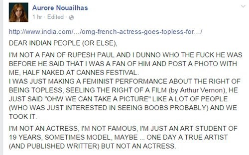 Aurore Nouailhas Facebook post against 'Kamasutra 3D' director Rupesh Paul. Aurore Nouailhas Facebook post against Rupesh Paul