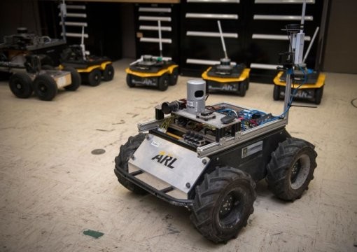 A small unmanned Clearpath Husky robot, which was used by ARL researchers to develop a new technique to quickly teach robots novel traversal behaviors with minimal human oversight. Robot soldier