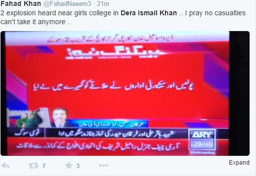 Pakistani TV reports claim twin blasts heard near a Girls School in Peshawar. Pakistani TV reports claim twin blasts heard near a Girls School in Peshawar.