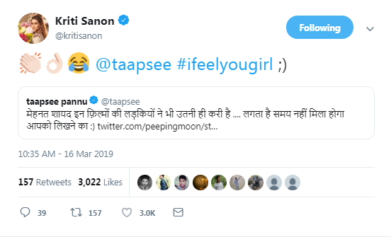 Kriti, Taapsee tweet