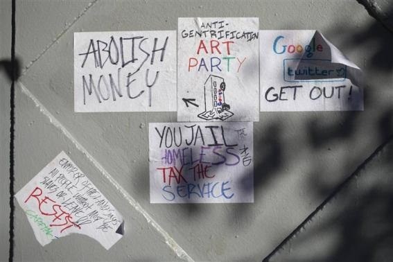 Signs in opposition of technology companies are seen in San Francisco, Calif. on Dec. 9, 2013. A Google Inc commuter bus was blocked in San Francisco's Mission district for about a half hour Monday morning, highlighting many residents' growing concern that an influx of affluent technology workers is driving up costs in the city. Reuters Signs in opposition of technology companies are seen in San Francisco, Calif. on Dec. 9, 2013. A Google Inc commuter bus was blocked in San Francisco's Mission district for about a half hour Monday morning, highlighting many residents' growing concern that an influx of affluent technology workers is driving up costs in the city. Reuters
