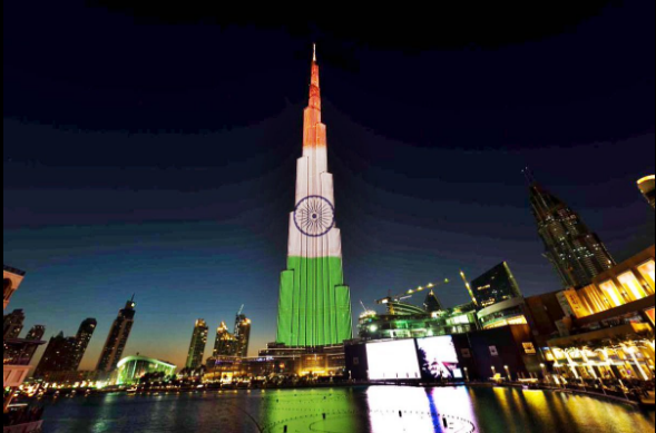 Burj Khalifa lights up in the Indian tricolour to mark Republic Day and the Crown Prince's visit to India. Burj Khalifa
