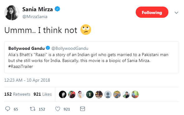 Troll compares Sania Mirza with Alia Bhatt in Raazi but gets trolled back