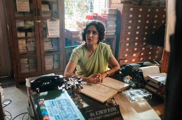 Katrina Kaif on the sets of Bharat as Kumud Raina. Katrina Kaif on the sets of Bharat as Kumud Raina