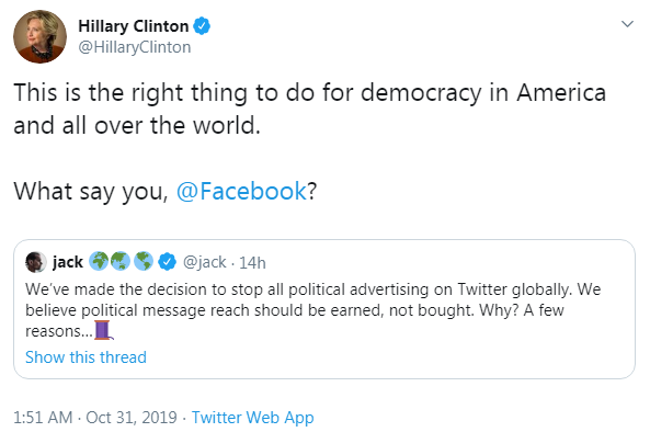 Hilary Clinton praises Twitter's move Hilary Clinton praises Twitter's move