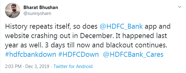 HDFC Bank digital services down for two days now
