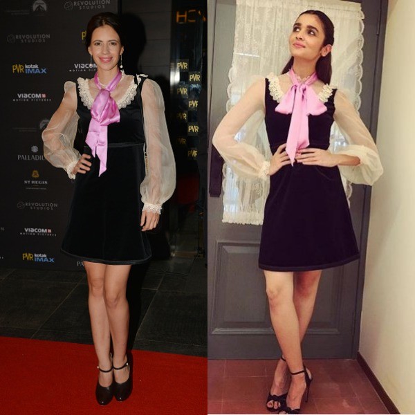 During the premiere of XXX: Return of Xander Cage in 2017,  Kalki Koechlin chose a Victorian-inspired black and white velvet Gucci dress with a pink tie. However, much before Kalki's appearance in Gucci, Alia Bhatt was pictured in the same outfit. When Alia opted black strappy heels, Kalki wore a pair of black pumps
