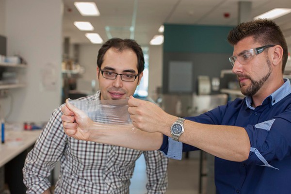 Dr Sina Naficy and Dr Robert Gorkin with the hydrogel material that has won funding from the Bill & Melinda Gates Foundation to develop the next generation condom. (University of Wollongong in Australia)