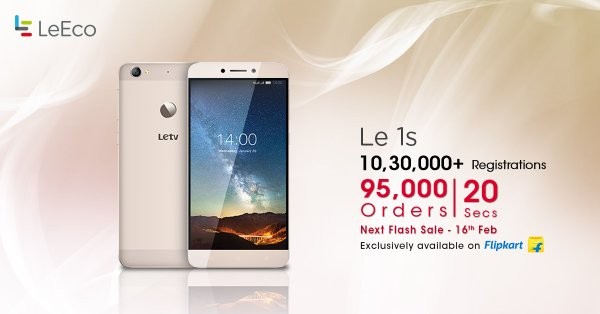 95,000 units of LeEco Le 1s were sold out in 20 seconds on Flipkart on 9 February.