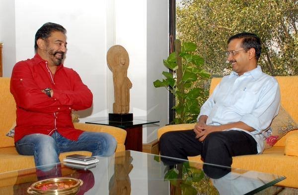 A picture of Kamal Haasan with Arvind Kejriwal taken during their previous meeting. Kamal Haasan with Arvind Kejriwal