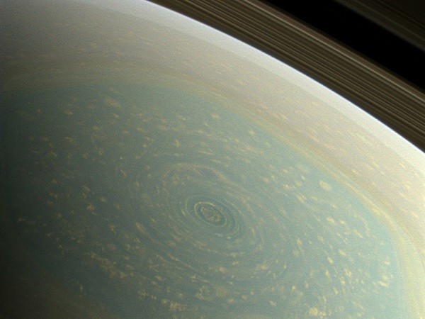 The north pole of Saturn, in the fresh light of spring, is revealed in this color image from NASA's Cassini spacecraft. The north pole was previously hidden from the gaze of Cassini's imaging cameras because it was winter in the northern hemisphere when the spacecraft arrived at the Saturn system in 2004. (Credit: NASA/JPL-Caltech/SSI) The north pole of Saturn, in the fresh light of spring, is revealed in this color image from NASA's Cassini spacecraft.