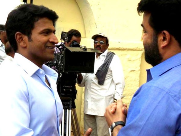 A picture taken on the sets of Kannada movie Mythri. Puneet Rajkumar With Mohanlal