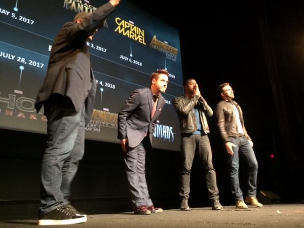 Robert Downey Jr, Chris Evans and Chadwick Boseman at the Marvel Studios announcement function Marvel Studios
