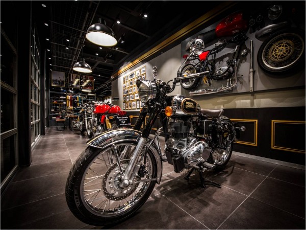Royal Enfield Classic 500 model on display at dealership. Royal Enfield