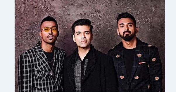 Karan Johar (M) with Hardik Pandya (L) and KL Rahul (R) Koffee With Karan KL Rahul Hardik Pandya