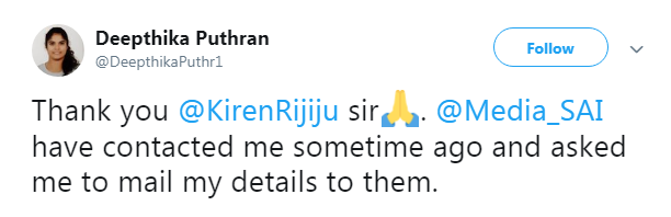 Puthran confirming the approach by SAI Deepthika Puthran