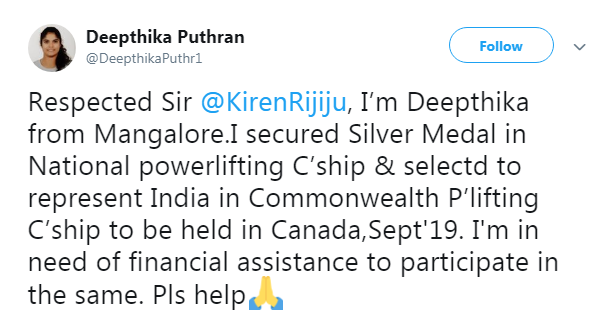 Deepthika Puthran's tweet asking for help from sports minister Deepthika Puthran