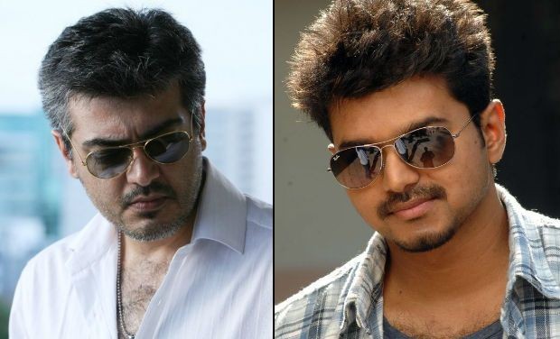 A collage of Ajith and Vijay. Vijay's 'Puli' First Look on Ajith's 'Thala 56' Launch Day