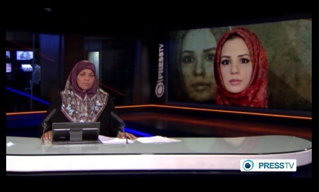 A Press TV news anchor announcing the 'suspicious' death of her colleague Serena Shim (Right) in Syria.