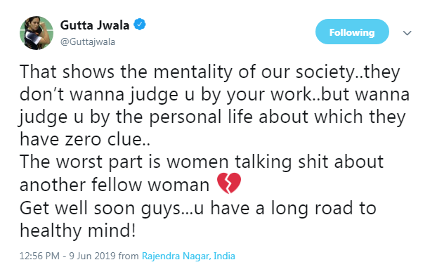One of the tweets by Gutta Jwala Gutta Jwala tweet