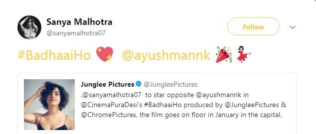 Sanya Malhotra, Ayushmann Khurrana in Badhai Ho