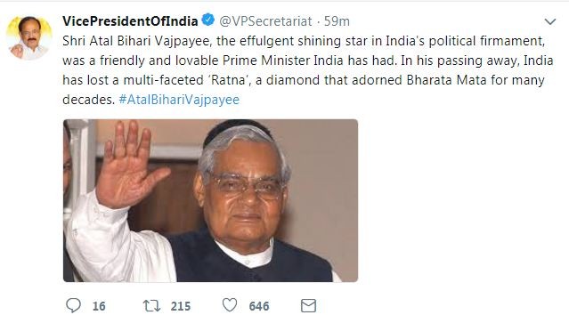 Vice President tweet on Atal