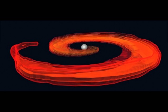 Numerical simulation of the last instances of a neutron star and black hole merger, as the neutron star is destroyed by the tidal pull of the black hole (at the center of the disk) Neutron Star Black Hole binary