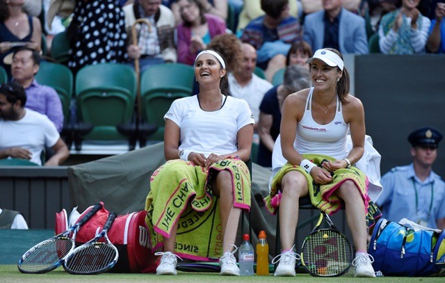 Sania Mirza (L) and Matina Hingis (R) are all smiles during their Wimbledon 2015 Women's Doubles Final Sania Mirza Martina Hingis
