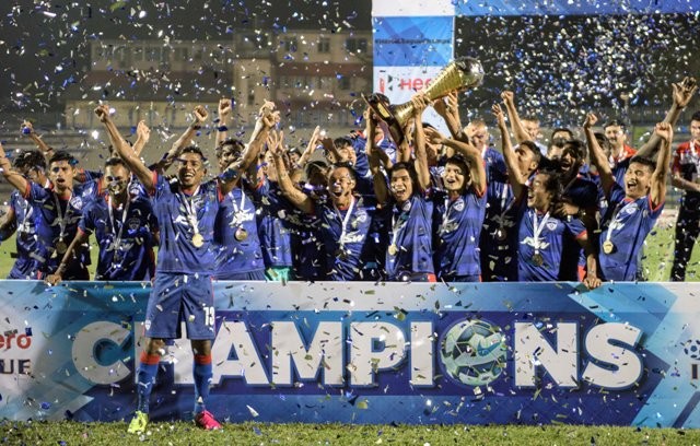 Pictured: Bengaluru FC players celebrate after winning the I-League title this year. bfc