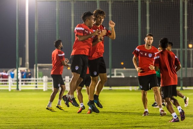 Bengaluru FC players are put through their paces at a training facility in Doha, on Thursday. bengaluru fc