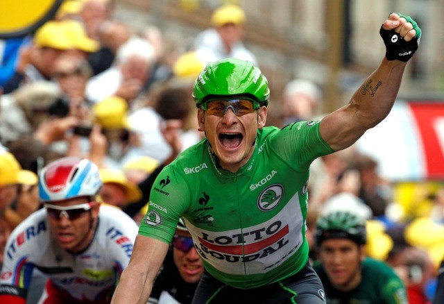 Lotto-Soudal rider Andre Greipel of Germany celebrates as he crosses the finish line to win the stage 5 of the TDF 2015 TDF Stage 6