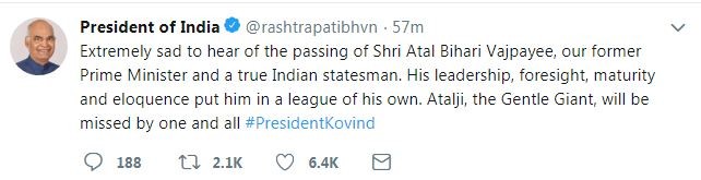 Ram nath Kovind tweet on Atal