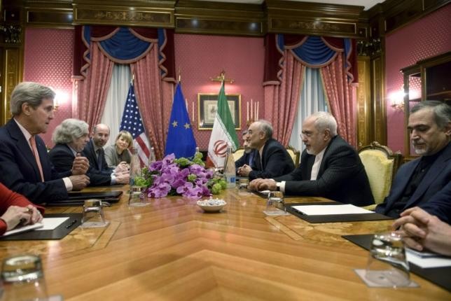 Iran Nuclear Deal Talks: US Secretary of State John Kerry (L), US Secretary of Energy Ernest Moniz (2L), Robert Malley (3L), of the US National Security Council, European Union High Representative Federica Mogherini (C), Head of Iranian Atomic Energy Organisation Ali Akbar Salehi (2R) Iran Nuclear Deal Talks
