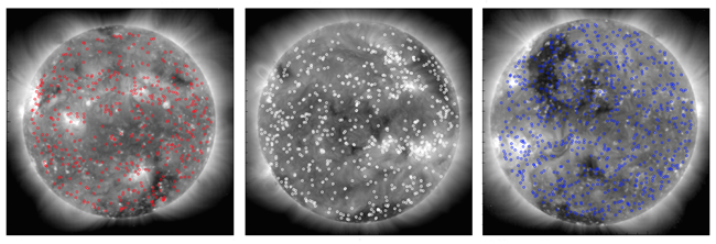 Coronal bright points identified in images of the Sun taken simultaenously from three distinct vantage points in space. From left, images were captured by STEREO-Behind, SDO, and STEREO-Ahead. Sun, Earth, solar waves, space, atmosphere,
