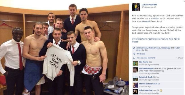 Arsenal players showed their support for Michael Schumacher. Lukas Podolski/Facebook Lukas Podolski Arsenal Facebook Schumacher message