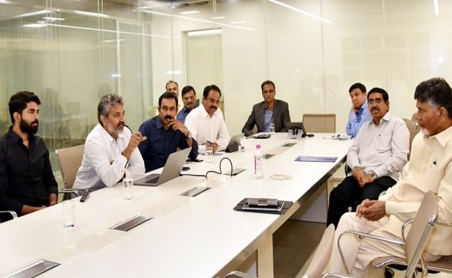 SS Rajamouli and his son Karthikeya at the meeting with Chief Minister Chandrababu Naidu SS Rajamouli and his son Karthikeya at the meeting with Chief Minister Chandrababu Naidu