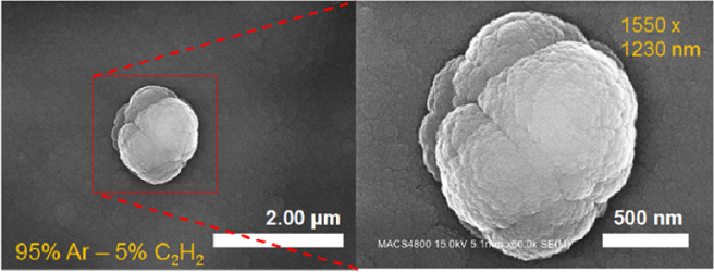 Scanning Electron Microscope image of a large (approximately 1.5 micrometer diameter) aggregate of nanograins produced in the Cosmic Simulation Chamber at NASA's Ames Research Center, using a 95 percent Ar – 5% C2H2 gas mixture. The nanograins and aggrega