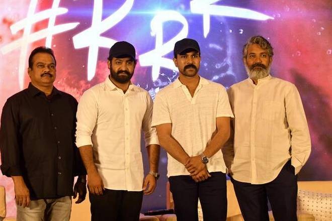 SS Rajamouli, Junior NTR, Ram Charan and DVV Danayya at RRR movie launch SS Rajamouli, Junior NTR, Ram Charan and DVV Danayya at RRR movie launch