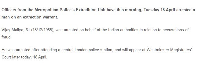 Scotland Yard's statement on Vijay Mallya's arrest Vijay mallya