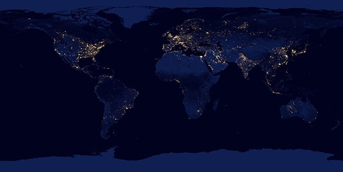 Composite map of the world assembled from data acquired by the Suomi NPP satellite in April and October 2012.Credit: NASA Earth Observatory/NOAA NGDC NASA Reveals Nighttime Views of Earth