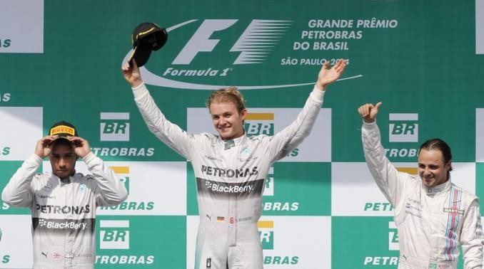 Lewis Hamilton, Nico Rosberg and Felipe Massa at the podium after the Brazilian Grand Prix. Nico Rosberg