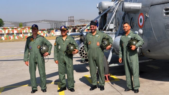 Lt. Gen. Y.K. Joshi, GOC 14 Corps Commander (Extreme Left), Air Marshal R. Nambiar, Air Officer Commanding-in-Chief Western Air Command (2nd from left), Chief of the Air Staff, Air Chief Marshal B.S. Dhanoa (2nd from right) and Group Captain, P. Bhola, CO 152 Helicopter Unit (Extreme right) Indian Airforce