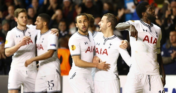 Tottenham striker Emmanuel Adebayor celebrates with teammates after scoring against Dnipro Dnipropetrovsk in the Europa League, 27 February. Reuters Adebayor Soldado Townsend